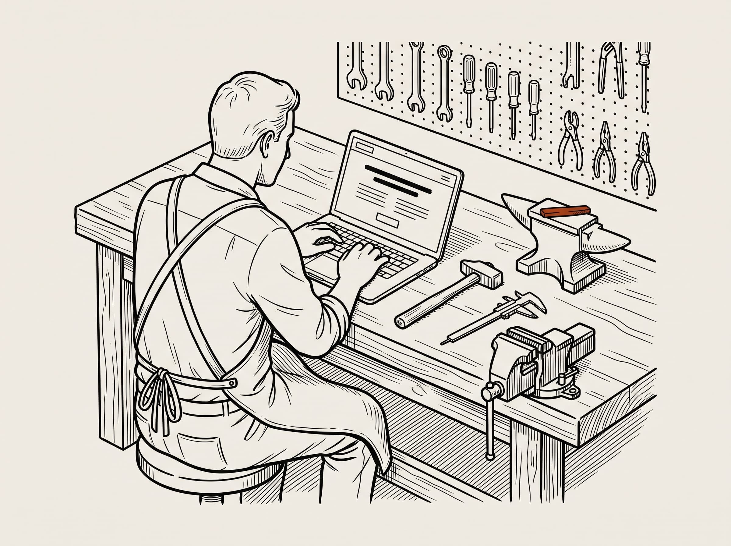 Ilustración a tinta de un artesano con delantal programando en un portátil sobre un banco de trabajo con yunque y herramientas