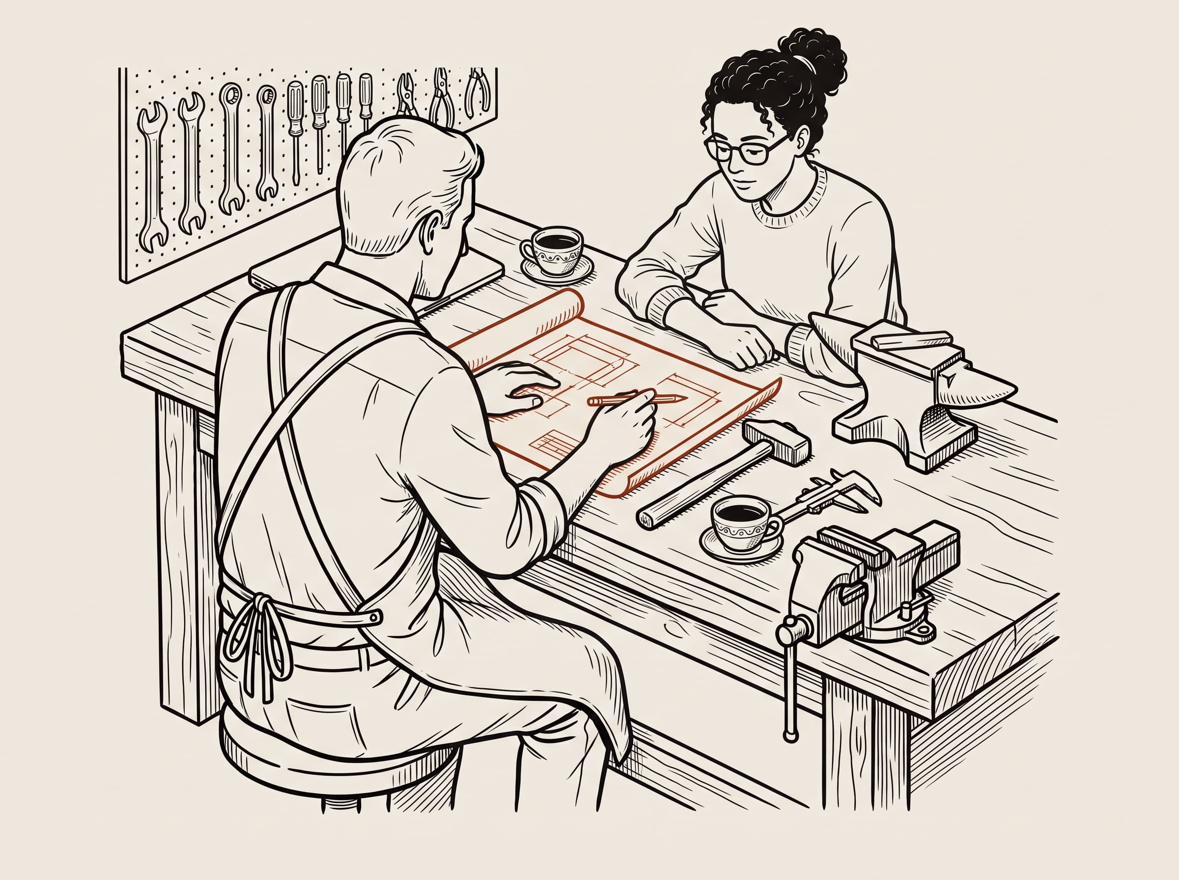 Ilustración a tinta de un artesano y un cliente revisando un plano sobre un banco de trabajo